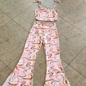 Onzie Pink, Brown & Cream Retro Swirl Flare Pants Set